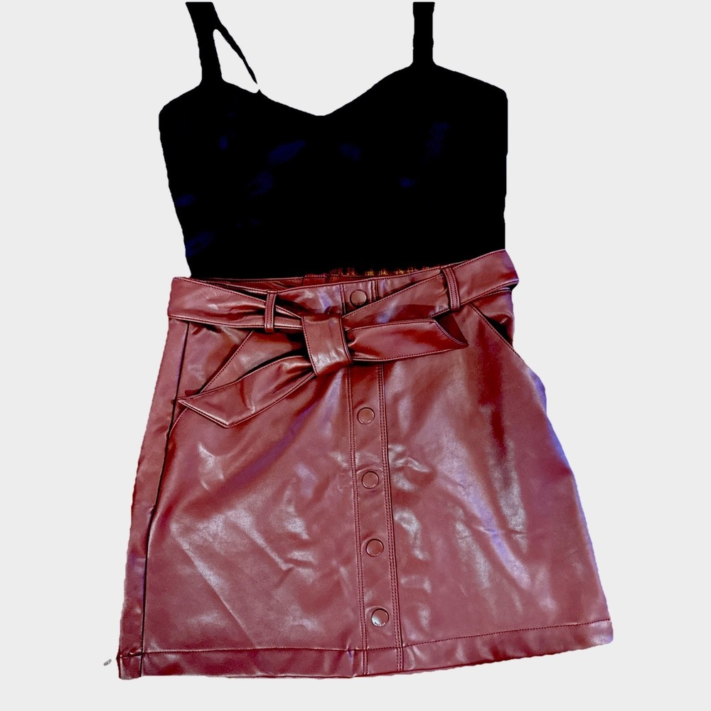 Abercrombie & Fitch Vegan Leather Skirt Women's Size Small Brown, Tie Belt + Top
